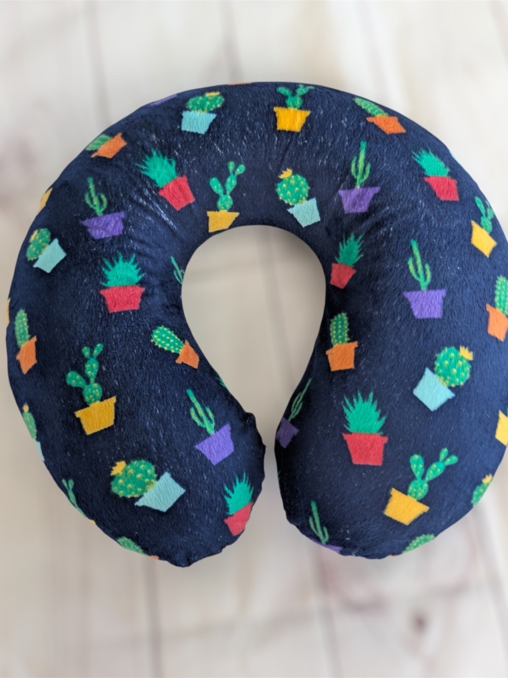 Travel Neck Airplane Pillow Memory Foam Neck Support Blue Cactus Print velvet